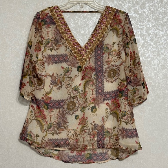 Reba Floral Print Embellished V-Neck Blouse Sheer Lined Chiffon Top 3/4 Sleeve M - Picture 1 of 7